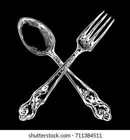 spoon and fork hand drawn line art vector sketch chalk on blackboard stock illustration