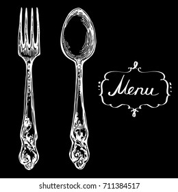 Spoon And Fork Hand Drawn Line Art Vector Sketch Chalk On Blackboard Stock Illustration