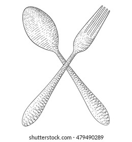 Spoon and fork. Hand drawn sketch. Vector illustration