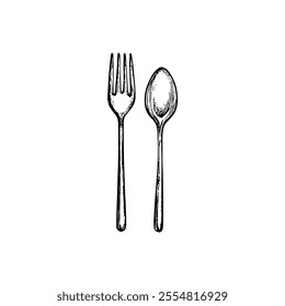 Spoon and Fork, Hand-Drawn Vector, Graphic Style, Cartoon Illustration, Black and White, Sketch Style, Isolated on White Background
