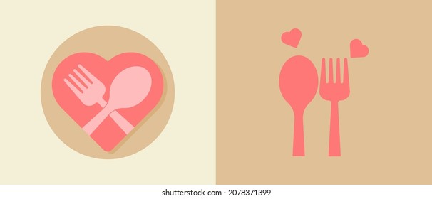 Spoon and fork with hearts flat style icon. Isolated. 