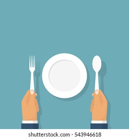 Spoon fork holding in the hands of men. Sitting at a table in front of an empty plate, template. Top view. Vector illustration flat design. Isolated on background.