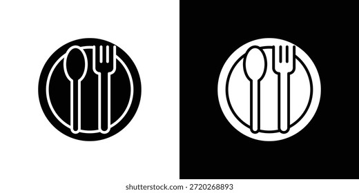 Icono de cuchara y tenedor. Icono de diseño plano simple en blanco y negro