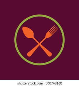 Spoon and fork icon. Colorful emblem of crossed spoon with fork. Vector illustration in flat style.