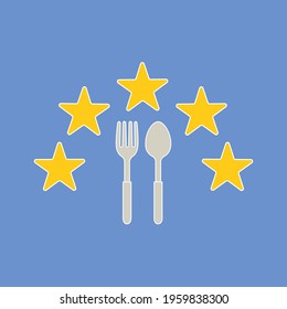 spoon and fork Icon with five stars Vector Illustration Logo Template on blue background.