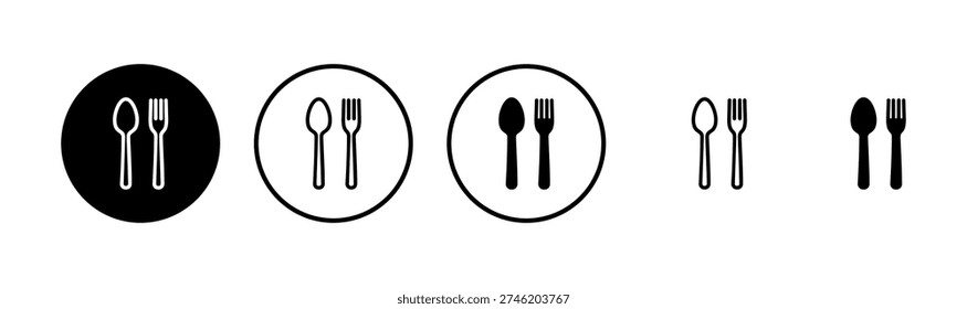 Diseño del logotipo del icono de la cuchara y del tenedor. Vector del icono de la cuchara, del tenedor y del cuchillo