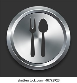 Icono de cuchara y horquilla en botón de Internet metálico Ilustración vectorial original