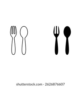 Conjunto de iconos de cuchara y tenedor de color editable sobre fondo blanco