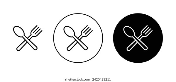 Spoon and fork icon set. Dinner meal plate with fork and spoon vector symbol in a black filled and outlined style. Lunch Cultery sign.