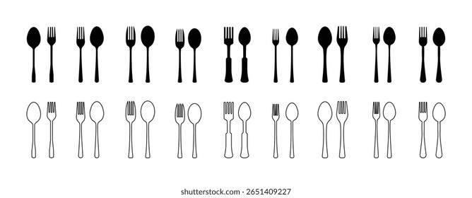 Spoon and Fork Icon Set – Minimal Tableware Symbols in Solid, Outline and Duotone Styles for Menu and Restaurant Design.