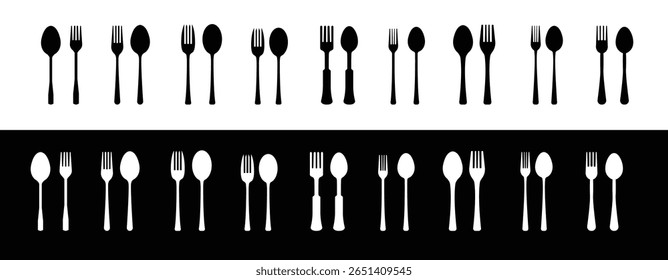 Spoon and Fork Icon Set – Minimal Tableware Symbols in Solid, Outline and Duotone Styles for Menu and Restaurant Design.