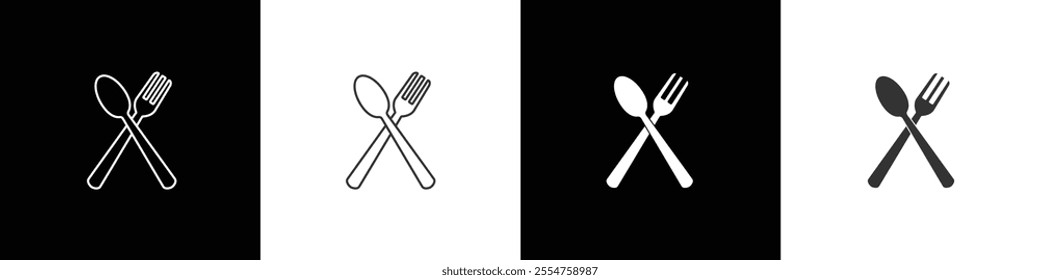 Spoon and fork icon. simple icon of spoon, fork, Restaurant utensil symbol. Symbol of cutlery. Cutlery or tableware in restaurant, kitchen. Vector illustration on black and white background.