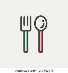 Spoon and fork icon thin line for web and mobile, modern minimalistic flat design. Vector icon with dark grey outline and offset colour on light grey background.