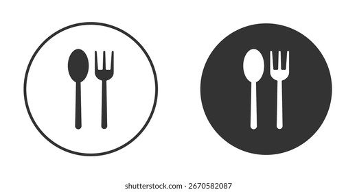 Icono de cuchara y tenedor en versiones de diseño plano de moda en blanco y negro.