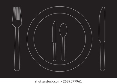 Spoon and Fork icon vector set. Restaurant and Catering icon utensil symbol. Dinner dish or variety plate with spoon and fork design. Fork, spoon, knife, plate, chef hat, food, dining table items. 
