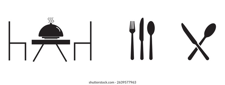 Spoon and Fork icon vector set. Restaurant and Catering icon utensil symbol. Dinner dish or variety plate with spoon and fork design. Fork, spoon, knife, plate, chef hat, food, dining table items. 