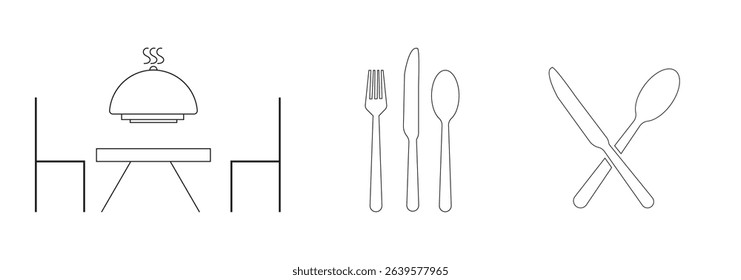 Spoon and Fork icon vector set. Restaurant and Catering icon utensil symbol. Dinner dish or variety plate with spoon and fork design. Fork, spoon, knife, plate, chef hat, food, dining table items. 