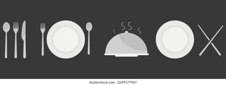 Spoon and Fork icon vector set. Restaurant and Catering icon utensil symbol. Dinner dish or variety plate with spoon and fork design. Fork, spoon, knife, plate, chef hat, food, dining table items. 