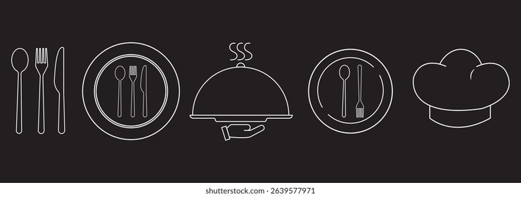 Spoon and Fork icon vector set. Restaurant and Catering icon utensil symbol. Dinner dish or variety plate with spoon and fork design. Fork, spoon, knife, plate, chef hat, food, dining table items. 