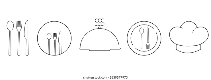 Spoon and Fork icon vector set. Restaurant and Catering icon utensil symbol. Dinner dish or variety plate with spoon and fork design. Fork, spoon, knife, plate, chef hat, food, dining table items. 