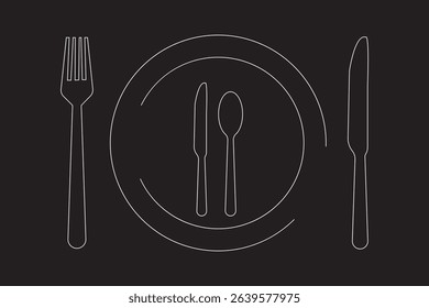 Spoon and Fork icon vector set. Restaurant and Catering icon utensil symbol. Dinner dish or variety plate with spoon and fork design. Fork, spoon, knife, plate, chef hat, food, dining table items. 