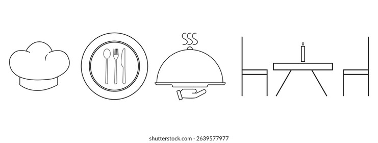 Spoon and Fork icon vector set. Restaurant and Catering icon utensil symbol. Dinner dish or variety plate with spoon and fork design. Fork, spoon, knife, plate, chef hat, food, dining table items. 