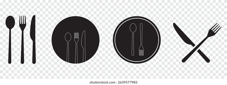 Spoon and Fork icon vector set. Restaurant and Catering icon utensil symbol. Dinner dish or variety plate with spoon and fork design. Fork, spoon, knife, plate, chef hat, food, dining table items. 