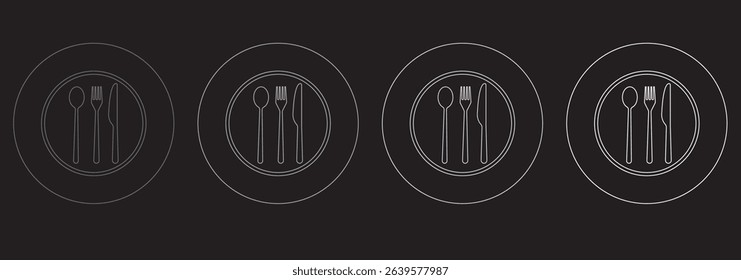 Spoon and Fork icon vector set. Restaurant and Catering icon utensil symbol. Dinner dish or variety plate with spoon and fork design. Fork, spoon, knife, plate, chef hat, food, dining table items. 