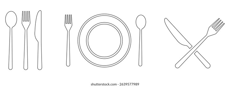 Spoon and Fork icon vector set. Restaurant and Catering icon utensil symbol. Dinner dish or variety plate with spoon and fork design. Fork, spoon, knife, plate, chef hat, food, dining table items. 