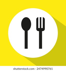 Spoon fork icon. Yellow background vector. Dining utensil symbol. Simple graphic design.