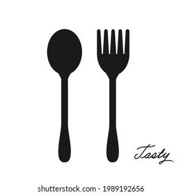 Spoon, fork icons logo and hand written font isolated on white background vector illustration. 