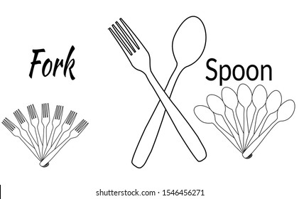 Spoon and fork icons in vector cutlery set. Flat style of spoon and fork combination with letter. Mono colour Fork and spoon on white background.