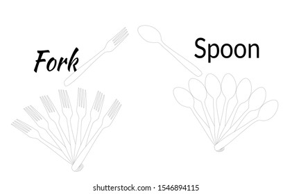 Spoon and fork icons in vector cutlery set. Flat style of spoon and fork combination with letter design. Mono colour Fork and spoon on white background.