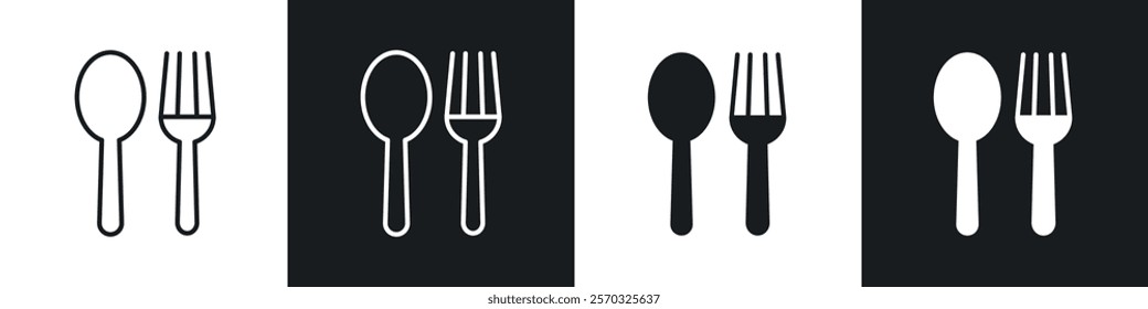 Spoon and Fork icons vectors set in black. line and flat versions