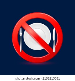 Spoon fork inside red banned sign. No Eating or restaurant prohibition sign 3D isolated on solid background. Prohibition symbol template icon vector EPS10 Illustration.