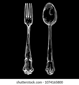 Spoon and Fork kitchen stuff silverware vintage hand drawn illustration Ink doodle sketch on black background
