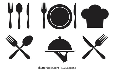 spoon, Fork, knife, chef hat and plate icon set, Hand holding food tray , Dinner service collection, Silhouette of cutlery. Vector illustration