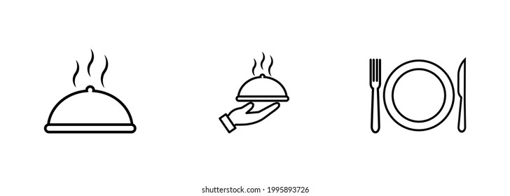 spoon, Fork, knife, chef hat and plate icon set, Hand holding food tray , Dinner service collection, Silhouette of cutlery. Vector illustration