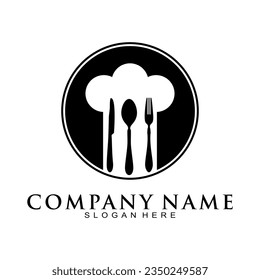 Spoon, fork, and knife in a chefs hat silhouette icon logo vector