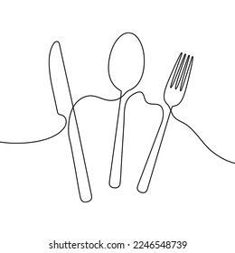 Spoon, fork and knife in continuous line drawing style. Line art silhouette of cutlery. Vector illustration. Abstract background