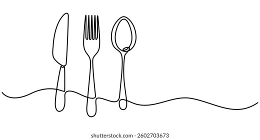 Spoon, fork and knife in continuous line drawing style. Line art silhouette of cutlery. Vector illustration. Abstract background, Spoon fork place mat one line drawing continuous, pro vector minimal. 