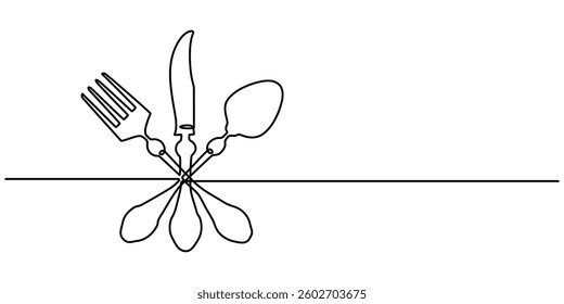 Spoon, fork and knife in continuous line drawing style. Line art silhouette of cutlery. Vector illustration. Abstract background, Spoon fork place mat one line drawing continuous, pro vector minimal. 