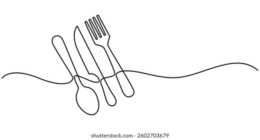 Spoon, fork and knife in continuous line drawing style. Line art silhouette of cutlery. Vector illustration. Abstract background, Spoon fork place mat one line drawing continuous, pro vector minimal. 
