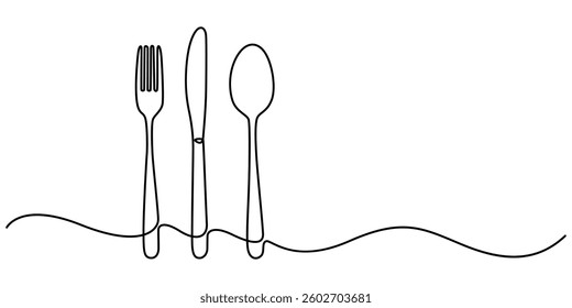 Spoon, fork and knife in continuous line drawing style. Line art silhouette of cutlery. Vector illustration. Abstract background, Spoon fork place mat one line drawing continuous, pro vector minimal. 