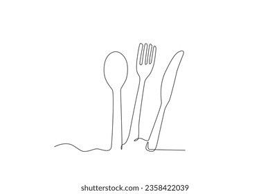 Cuchara, tenedor y cuchillo. Dibujo de una línea con herramientas de cocina y cocción