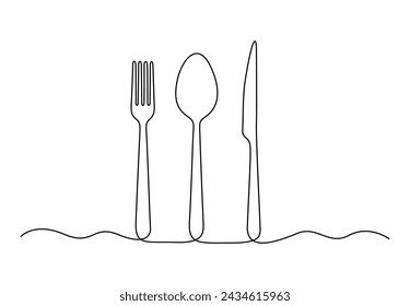 A spoon fork and knife cooking and kitchen tools continuous one line drawing vector illustration.