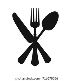 Spoon, fork and knife crossed for menu design. Vector silhouette