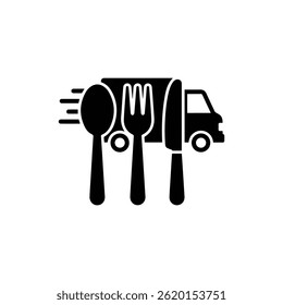 Spoon, Fork, and Knife with Delivery Van in the Background Symbolizing Food Delivery