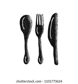 Spoon, fork and knife. Hand drawn vector illustrations.