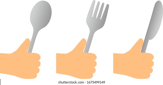 Spoon or fork or knife held in hand isolated vector illustration set